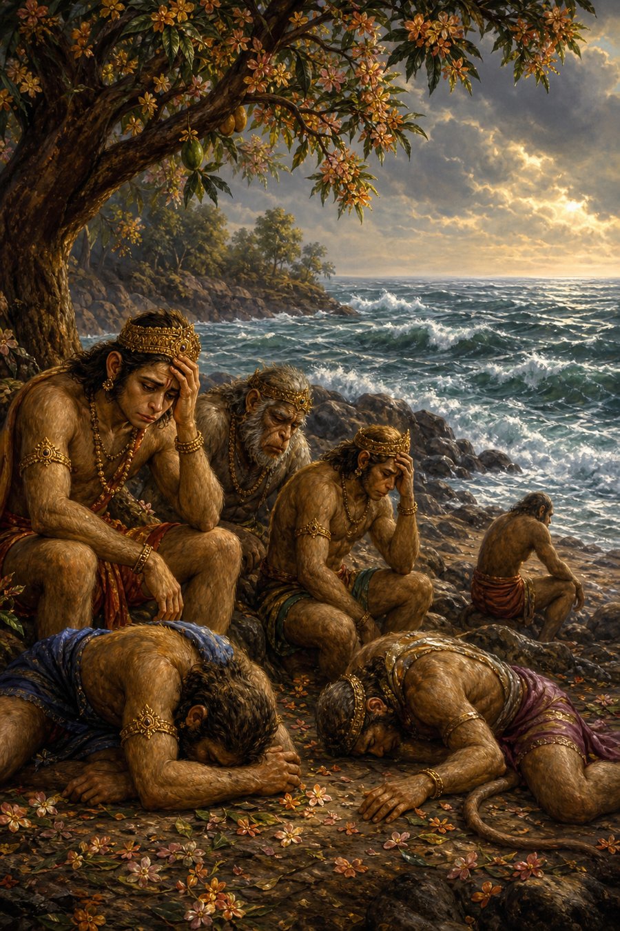 फूलों से लदे वृक्ष के नीचे समुद्र किनारे निराश वानर सिर थामे बैठे और भूमि पर लेटे हुए।