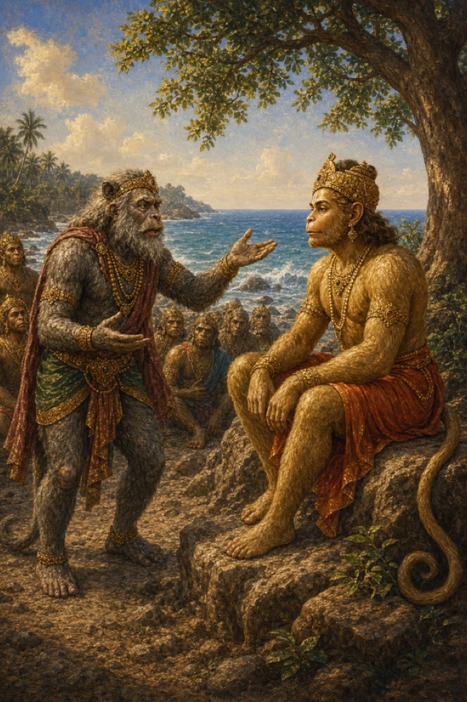 वृक्ष के नीचे बैठे हनुमान को वृद्ध जाम्बवान उनका भूला हुआ बल स्मरण कराते हुए; पीछे समुद्र।