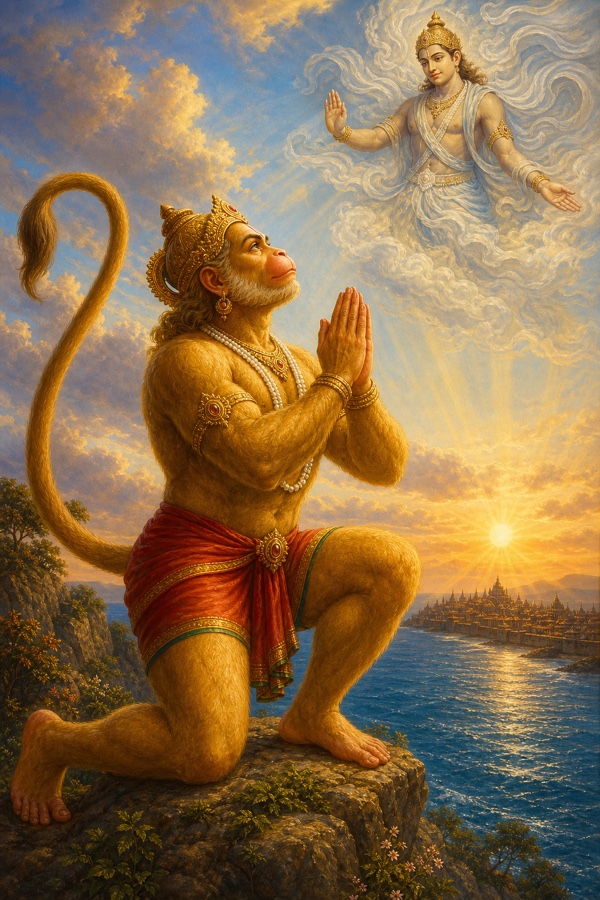 हनुमान चट्टान पर घुटने टेककर हाथ जोड़े हुए, बादलों में प्रकट एक दिव्य पुरुष आशीर्वाद देते हुए।