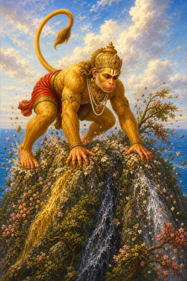 विशाल हनुमान महेंद्र पर्वत को हाथों से दबाते हुए, चट्टानों से जल की धाराएँ फूट रही हैं।