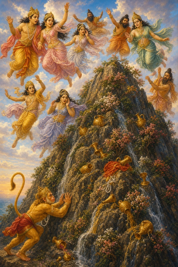 हनुमान के दबाव से काँपते पर्वत से देवता, गंधर्व और ऋषि आकाश में उड़ते हुए।