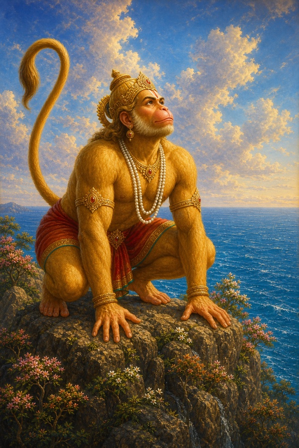 हनुमान सागर किनारे चट्टान पर झुककर बैठे, छलांग से पहले आकाश की ओर देखते हुए।