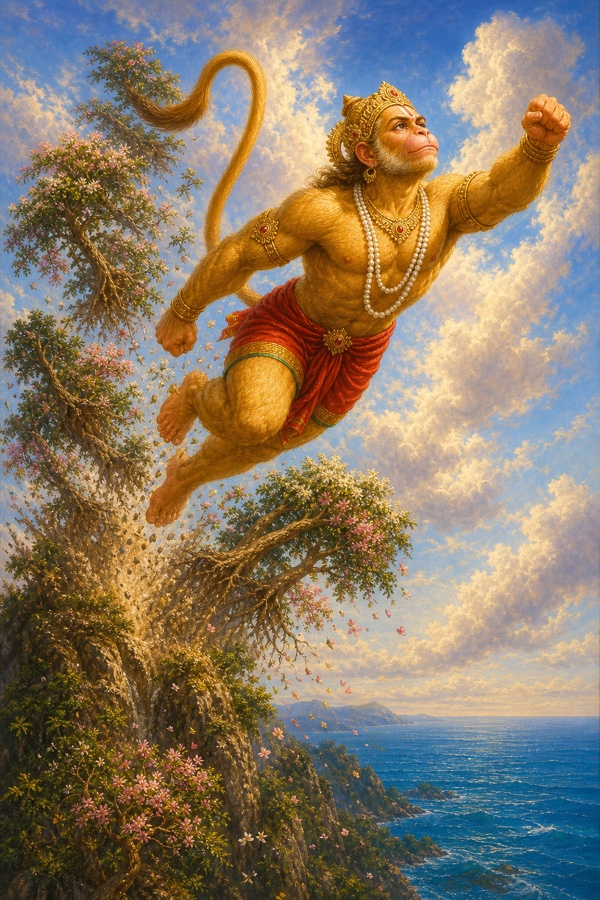 हनुमान फूलों से लदे पर्वत से आकाश में छलांग भरते हुए, नीचे नीला समुद्र फैला है।