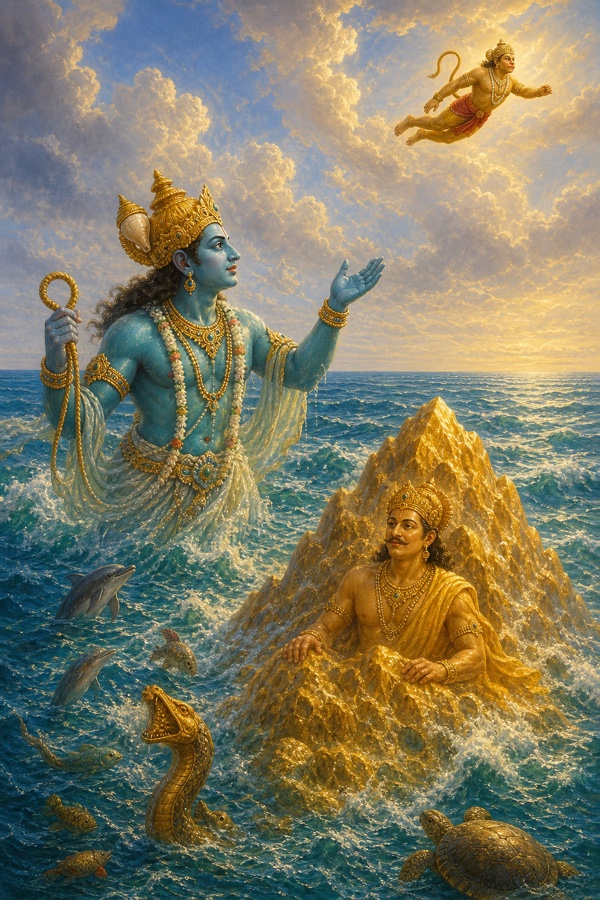 सागर से उठे समुद्र देव और सुनहरे मैनाक पर्वत, ऊपर आकाश में हनुमान उड़ते हुए।