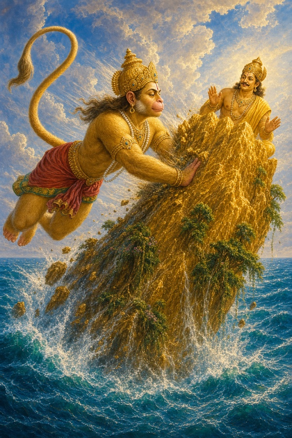 उड़ते हनुमान मैनाक पर्वत के स्वर्ण शिखर को हाथ से छूते हुए, पर्वत देव स्वागत करते हैं।