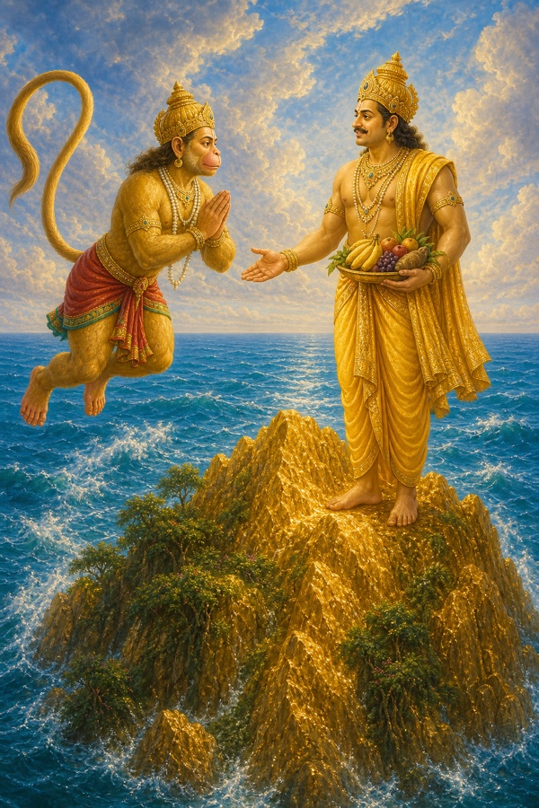 मैनाक देव फलों का थाल लिए खड़े हैं, हनुमान हाथ जोड़कर विनम्रता से विदा माँगते हुए।