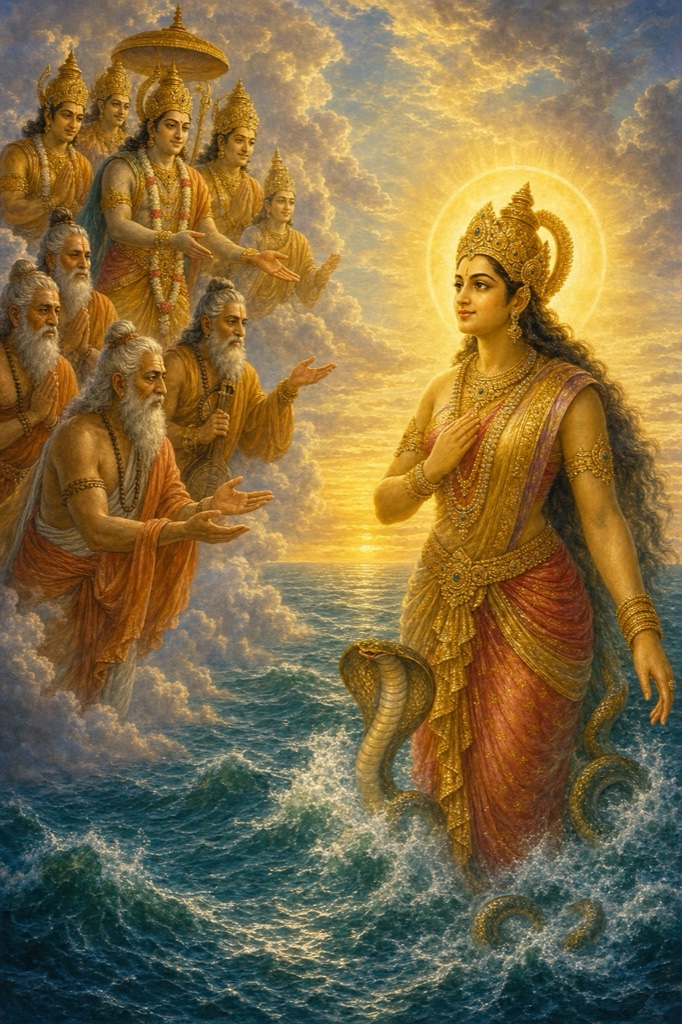 देवताओं और ऋषियों के अनुरोध पर सागर से प्रकट नागमाता सुरसा, संग सर्प लहरा रहे हैं।