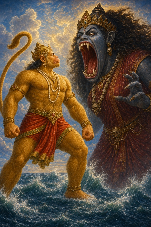 हनुमान लहरों पर खड़े होकर विशाल मुख फैलाए राक्षसी रूपधारी सुरसा का सामना करते हुए।