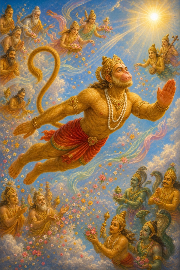 देवता, ऋषि और नाग फूल बरसाकर आकाश में उड़ते हुए हनुमान की प्रशंसा करते हुए।