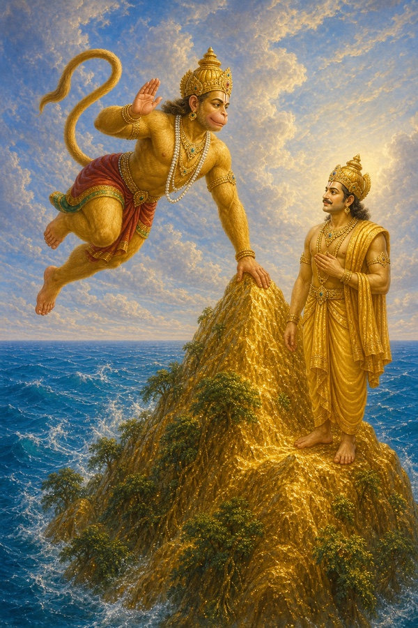 हनुमान मैनाक पर्वत के शिखर पर हाथ रखकर आगे बढ़ते हुए, पर्वत देव आदरपूर्वक खड़े हैं।
