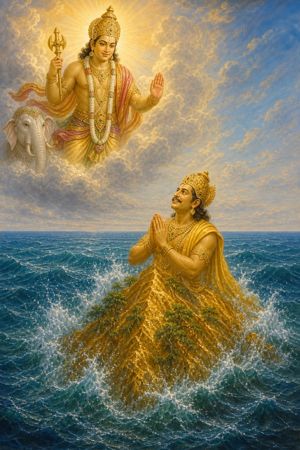 हाथ जोड़े मैनाक देव को ऐरावत पर विराजे इंद्र बादलों से अभय वरदान देते हुए।