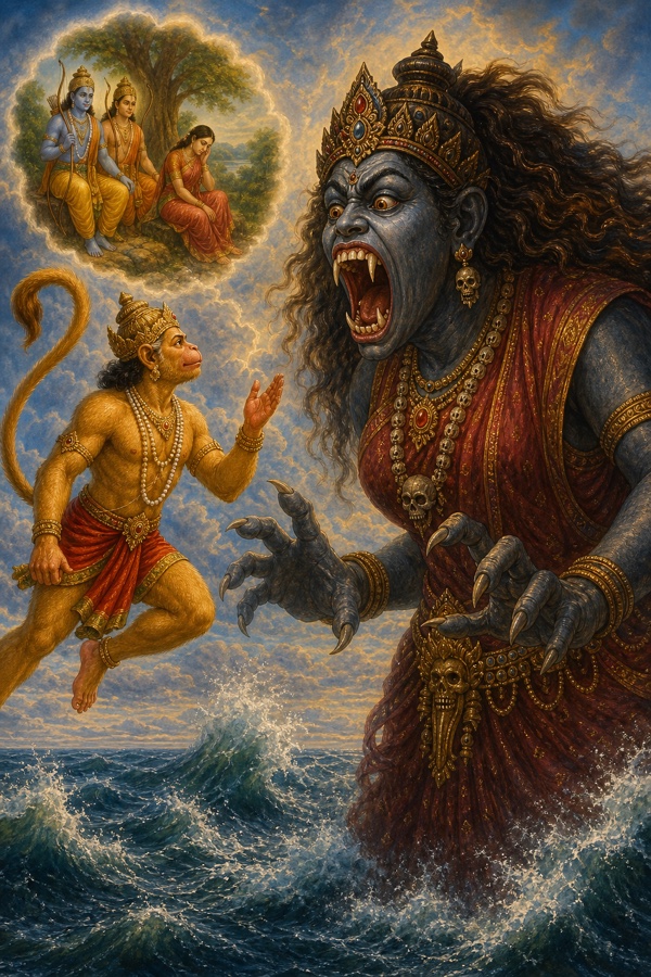 विकराल मुख खोले सुरसा के सामने उड़ते हनुमान, ऊपर राम, लक्ष्मण और सीता का दृश्य।