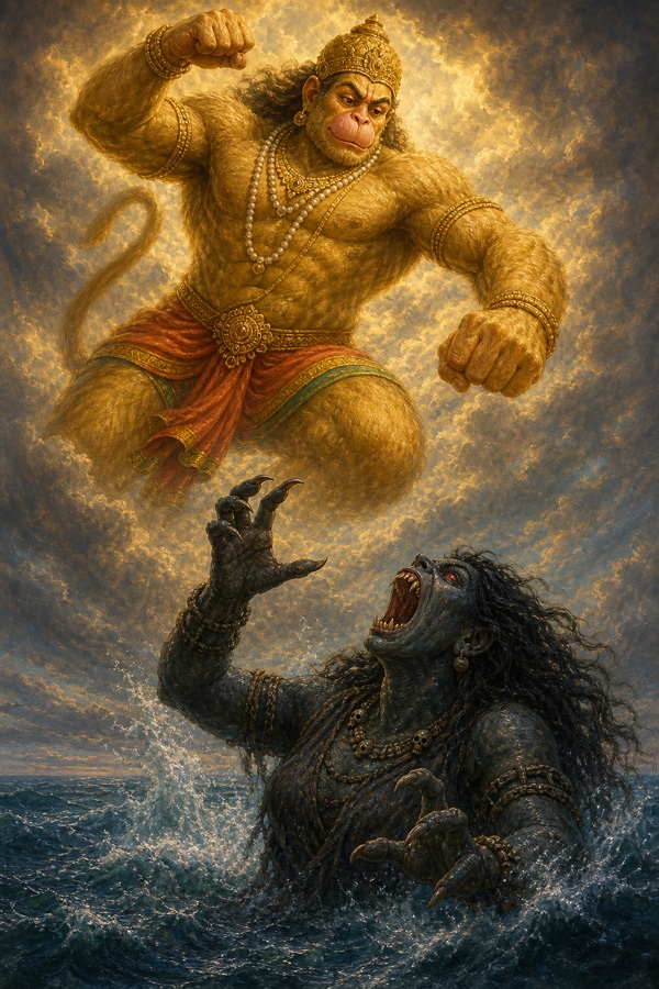 हनुमान मुट्ठी तानकर समुद्र से उठी छाया पकड़ने वाली राक्षसी सिंहिका पर झपटते हुए।
