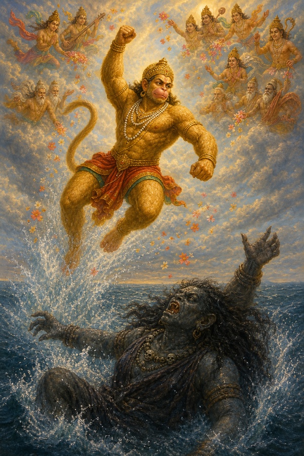 सिंहिका का वध कर ऊपर उठते हनुमान पर देवता आकाश से फूल बरसाते हुए।