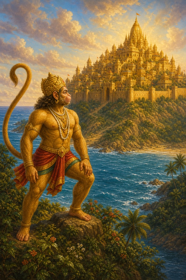हनुमान लंका के तट पर पहुँचकर पर्वत पर बसी स्वर्णमयी नगरी को निहारते हुए।