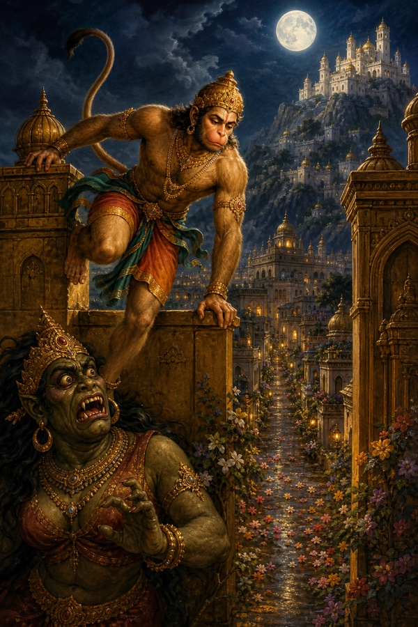 हनुमान लंका की प्राचीर लाँघकर नगर में उतरते हुए, नीचे लंकिनी भयभीत देखती है।