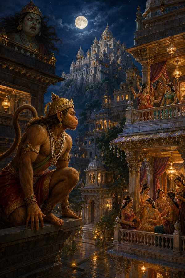 हनुमान रात में महल की छज्जों पर बैठी स्त्रियों को खोजी दृष्टि से देखते हुए।