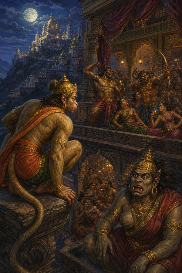 हनुमान झरोखे के पास बैठे मदिरा और संगीत में डूबे राक्षसों का उत्सव देखते हुए।