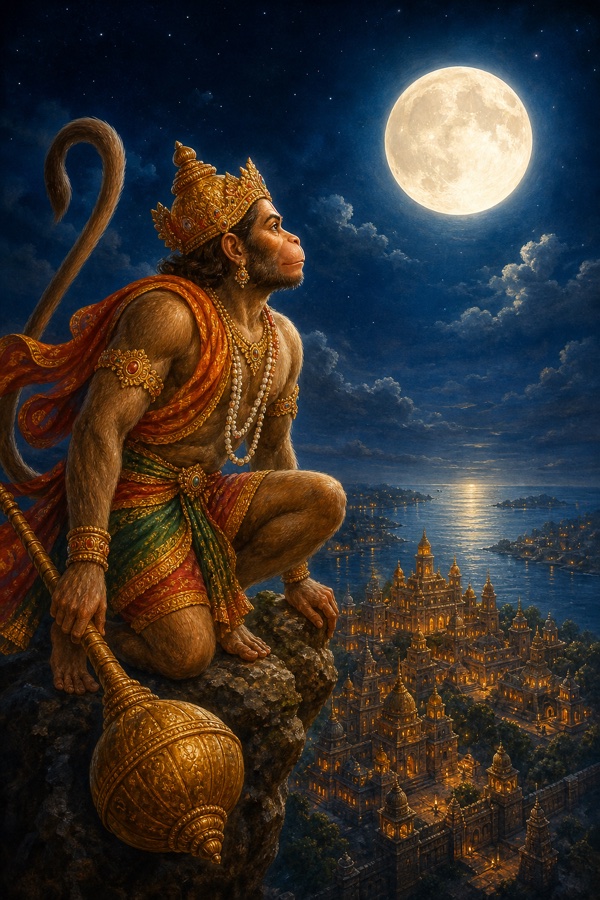 गदाधारी हनुमान ऊँची चट्टान से पूर्ण चंद्रमा और नीचे जगमगाती लंका नगरी को देखते हुए।