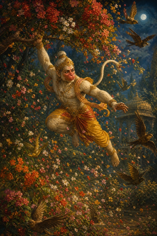 हनुमान फूलों से लदी डाल थामे वाटिका में उतरते हुए, चारों ओर पक्षी उड़ रहे हैं।