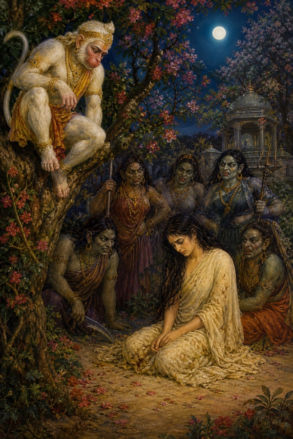 अशोक वृक्ष पर छिपे हनुमान, नीचे शूल और कटार लिए राक्षसियां उदास सीता को घेरे हुए।