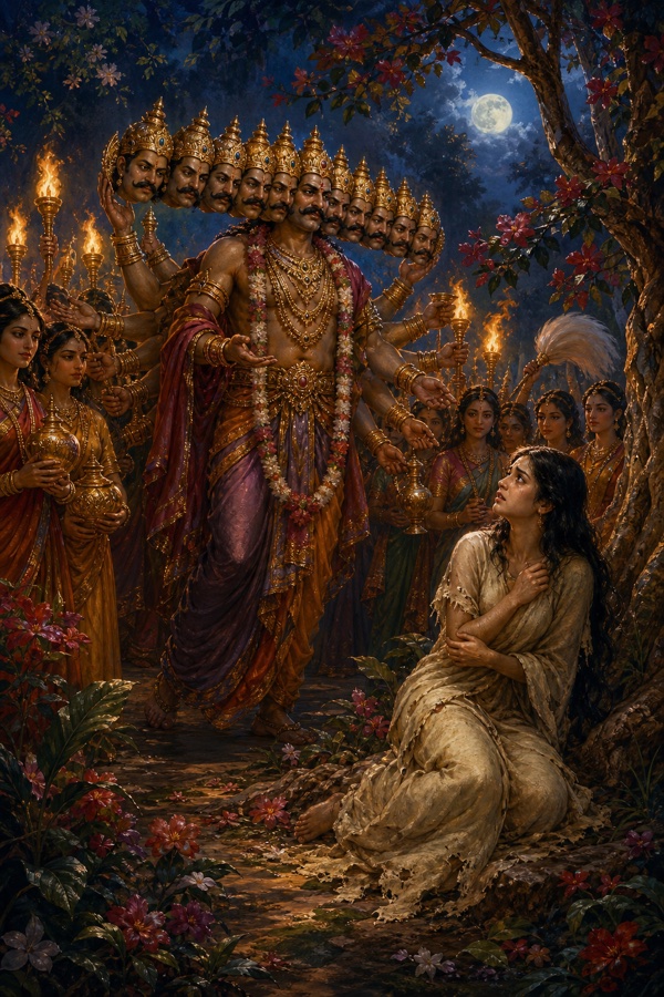 दस सिरों वाला रावण दासियों समेत वृक्ष के नीचे बैठी भयभीत सीता के पास पहुंचा हुआ।