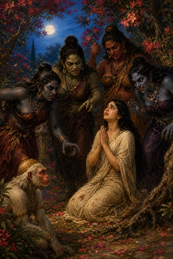 राक्षसियां हाथ जोड़कर बैठी सीता को धमकाती हुईं, कोने में हनुमान चुपचाप देखते हुए।