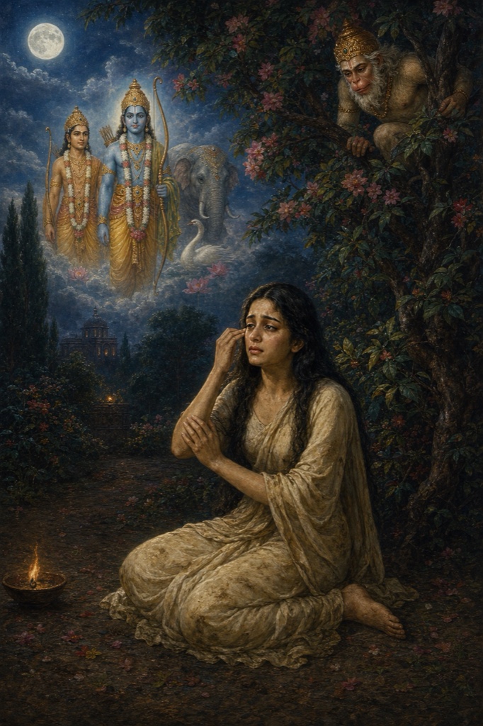 उदास सीता के ऊपर बादलों में राम और लक्ष्मण के दर्शन का दृश्य, हनुमान वृक्ष से देखते।