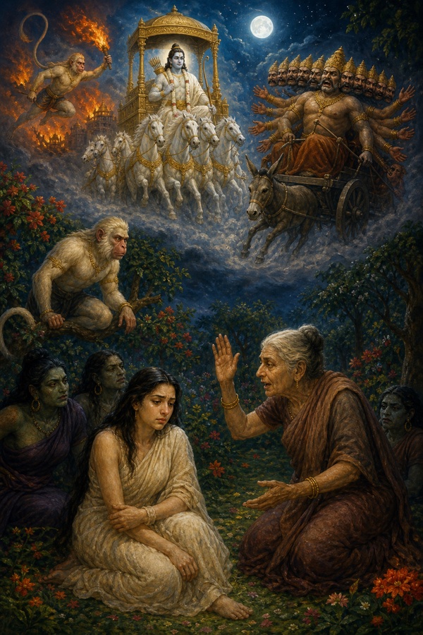 त्रिजटा सीता को अपना स्वप्न सुनाती हुई, आकाश में श्वेत रथ पर राम और गधों के रथ पर रावण।