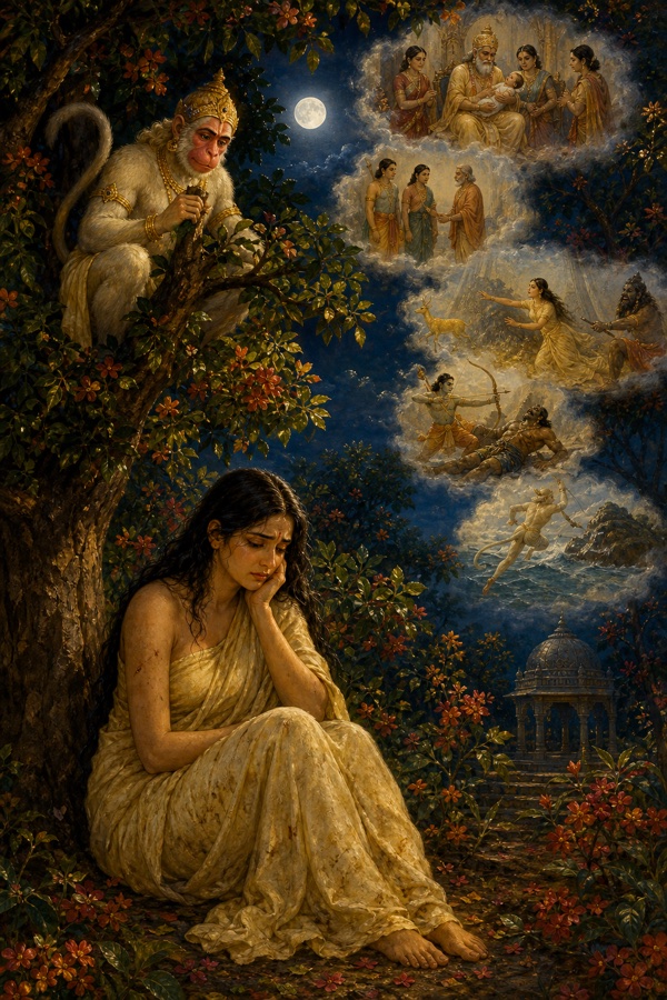पेड़ पर बैठे हनुमान के ऊपर राम-कथा के दृश्य, नीचे वृक्ष तले उदास बैठी सीता।