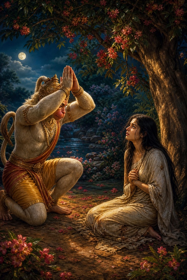 हनुमान सिर के ऊपर हाथ जोड़कर सीता को प्रणाम करते हुए, चांदनी में नदी किनारे।