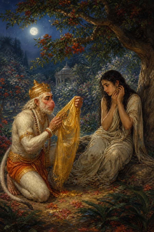 हनुमान सीता के आगे आभूषण सहित सुनहरा पारदर्शी वस्त्र थामे हुए, सीता संकोच से देखती हुईं।