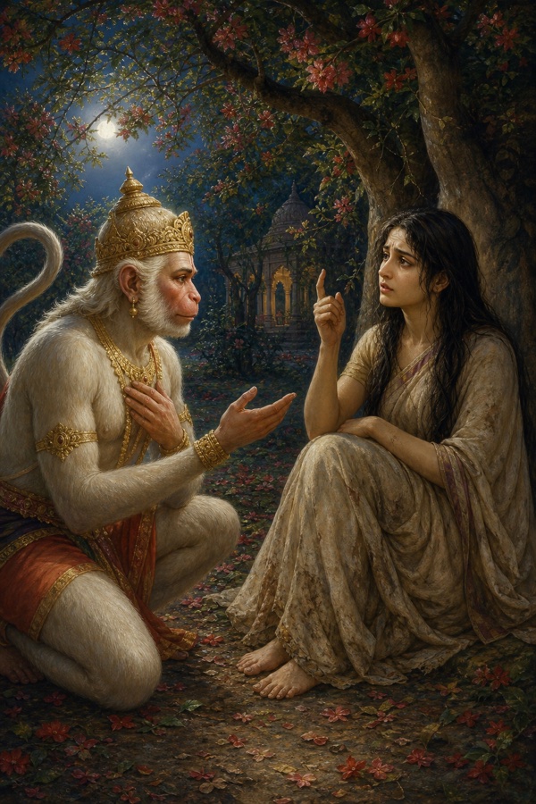 हनुमान हाथ बढ़ाकर सीता से विनम्र संवाद करते हुए, सीता उंगली उठाकर कुछ कहती हुईं।
