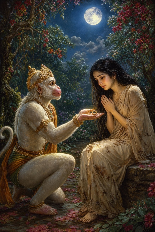 हनुमान हथेली पर राम की मुद्रिका रखकर सीता को भेंट करते हुए, सीता हाथ जोड़े देखती हुईं।