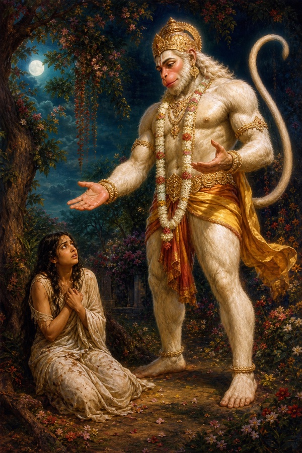 विशाल रूप धरे हनुमान सीता की ओर हाथ बढ़ाते हुए, सीता वृक्ष तले चकित बैठी हुईं।