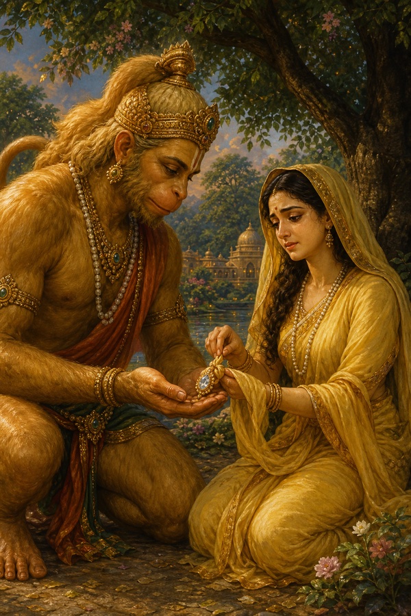 सीता अपनी चूड़ामणि हनुमान की हथेली पर रखती हुईं, राम तक पहुंचाने की धरोहर।