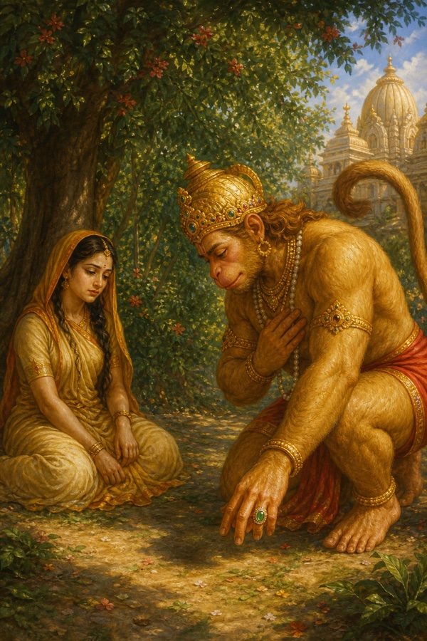 हनुमान सीता के सम्मुख झुककर विदा मांगते हुए, वे शांत भाव से नीचे देखती हुईं।