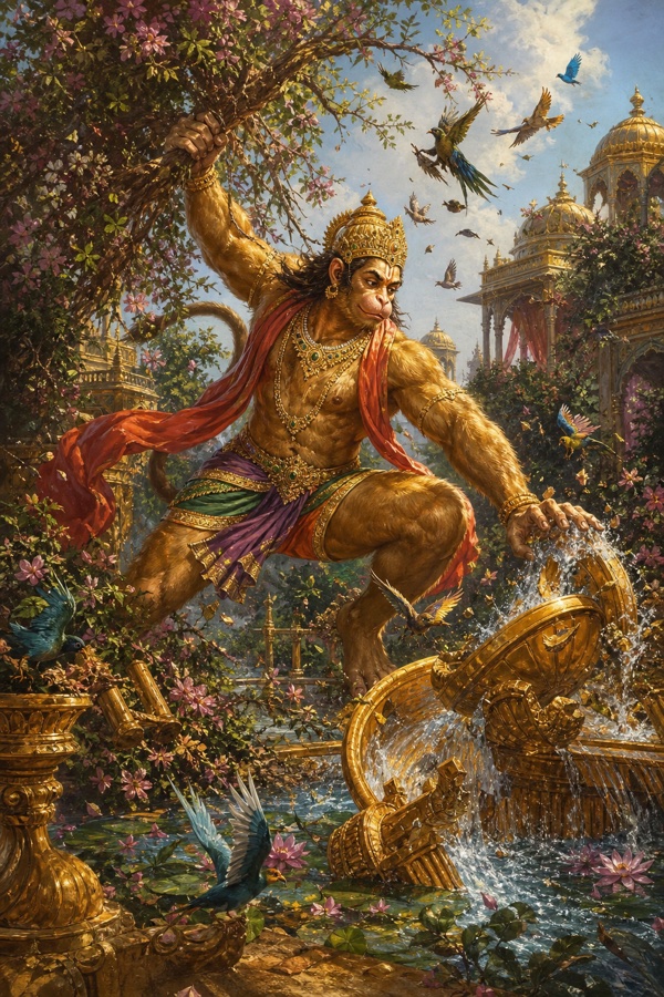 हनुमान अशोक वाटिका उजाड़ते हुए, स्वर्ण तोरण और फव्वारे टूटते, चारों ओर पक्षी उड़ते हुए।