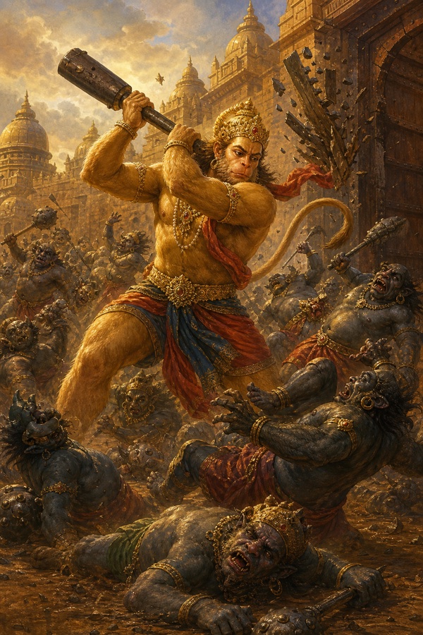 हनुमान विशाल परिघ घुमाकर राक्षस योद्धाओं को धराशायी करते हुए, पीछे नगर का विशाल द्वार।