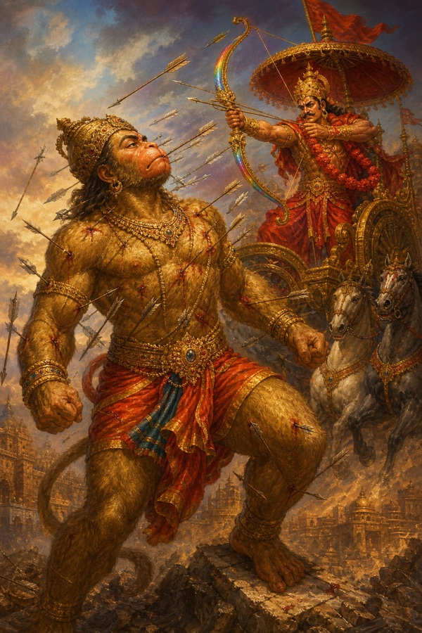 बाणों से बिंधे हनुमान रथ पर सवार धनुर्धर राक्षस वीर के सम्मुख अडिग खड़े हुए।