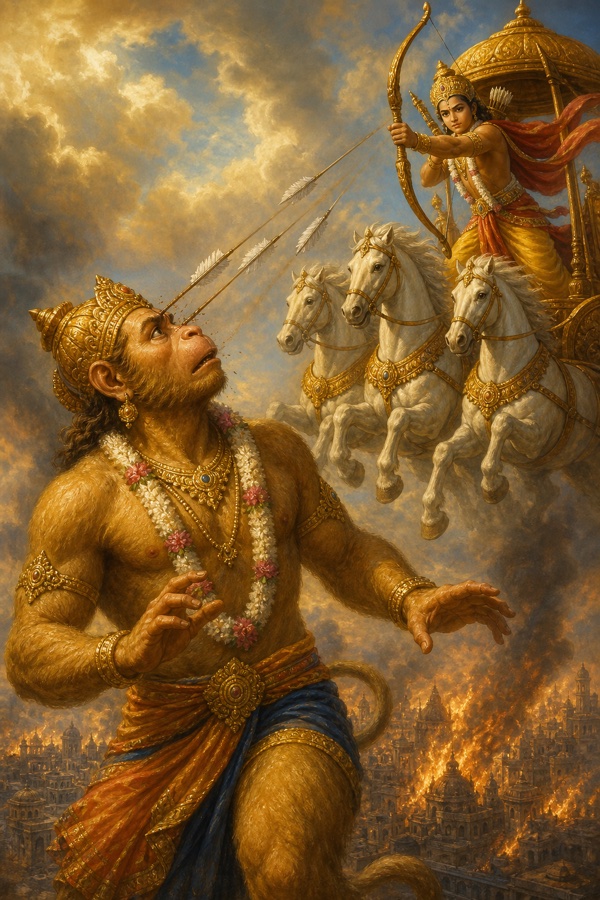 श्वेत अश्वों वाले उड़ते रथ से युवा धनुर्धर हनुमान पर बाण बरसाता हुआ, हनुमान चौंककर देखते।