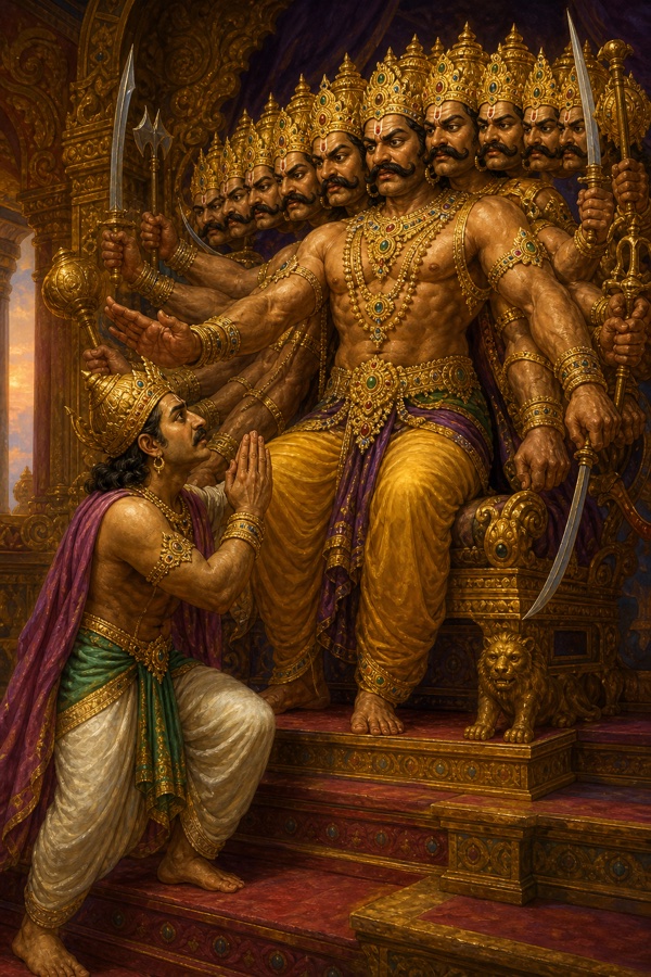 विभीषण हाथ जोड़कर सिंहासन पर बैठे रावण से दूत का वध न करने की विनती करते हुए।