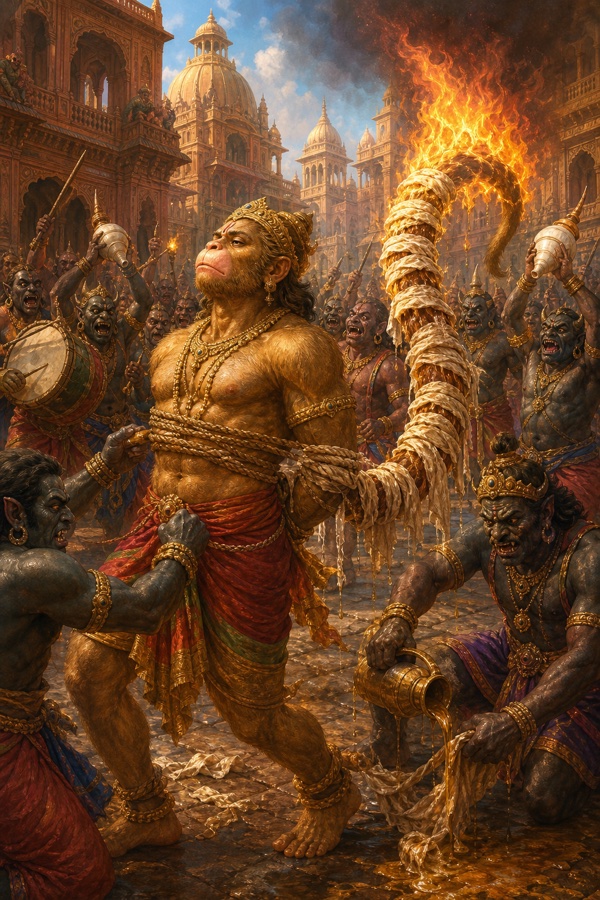 राक्षस हनुमान की पूंछ में तेल से भीगे वस्त्र लपेटते हुए, पूंछ के सिरे पर आग जलती।