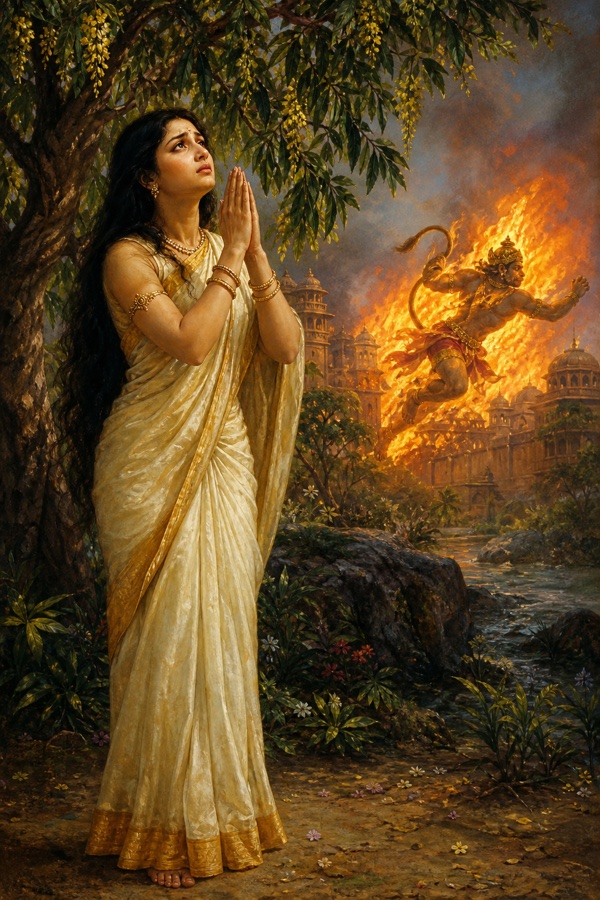 सीता वृक्ष तले हाथ जोड़े प्रार्थना करती हुईं, पीछे जलती लंका पर जलती पूंछ लिए हनुमान।