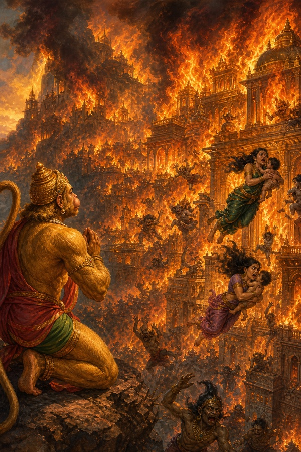 जलती लंका के सामने हाथ जोड़े बैठे हनुमान, स्त्रियां बच्चों को लेकर आग से भागती हुईं।