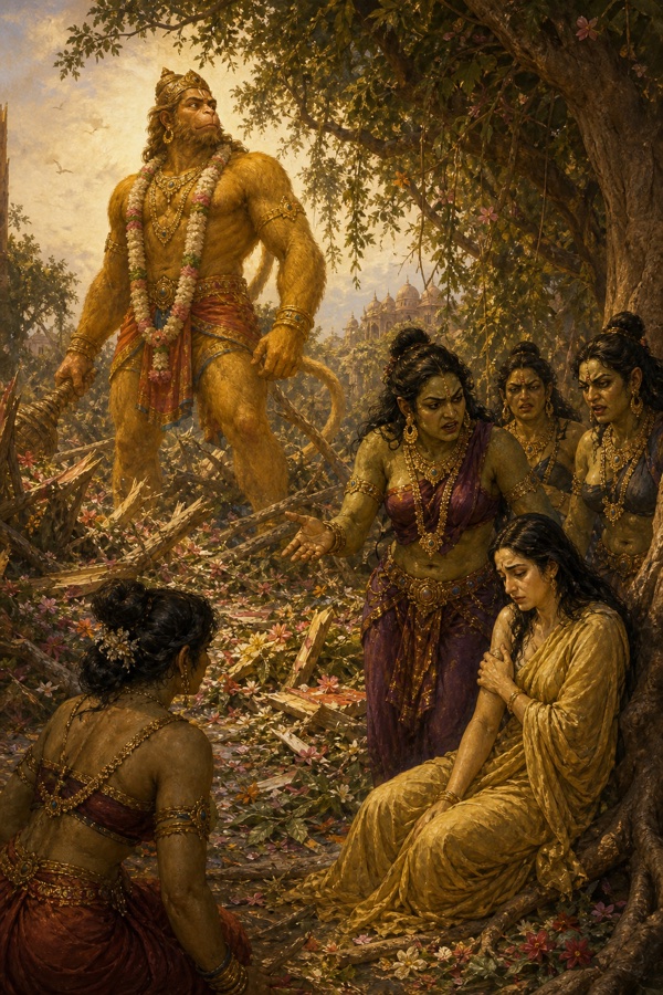 उजड़ी वाटिका में विशाल हनुमान खड़े, राक्षसियां वृक्ष तले बैठी सीता के पास क्रोध से बोलतीं।