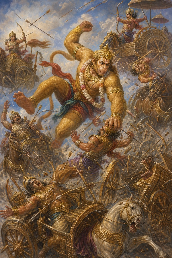 हनुमान आकाश में रथों पर सवार राक्षस धनुर्धरों के दल से अकेले युद्ध करते हुए।