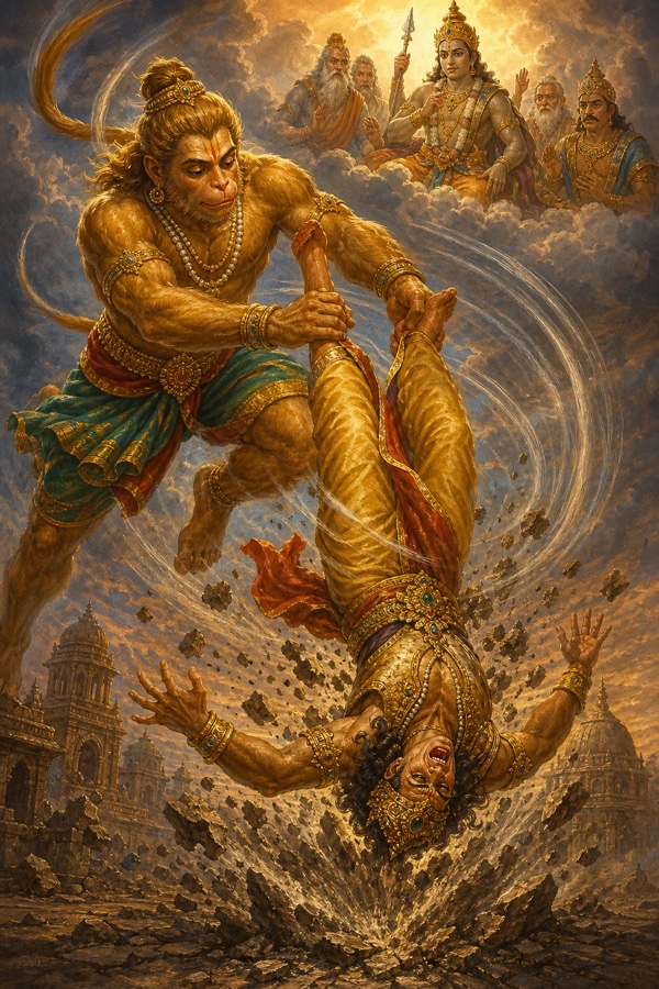 हनुमान राक्षस योद्धा को पैरों से पकड़कर आकाश से नीचे पटकते हुए, देवगण बादलों से देखते।