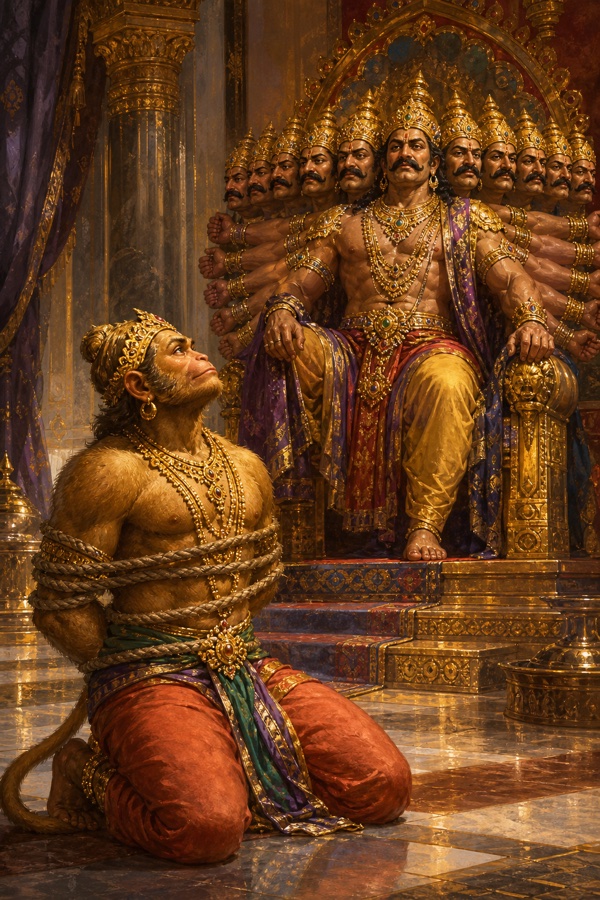 बंधे हुए हनुमान रावण के स्वर्ण सिंहासन के आगे घुटनों पर शांत और निर्भय बैठे हुए।