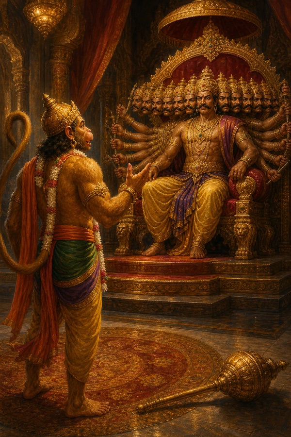 हनुमान दरबार में हाथ उठाकर रावण को राम का संदेश सुनाते हुए, दस मुखों वाला रावण सुनता।